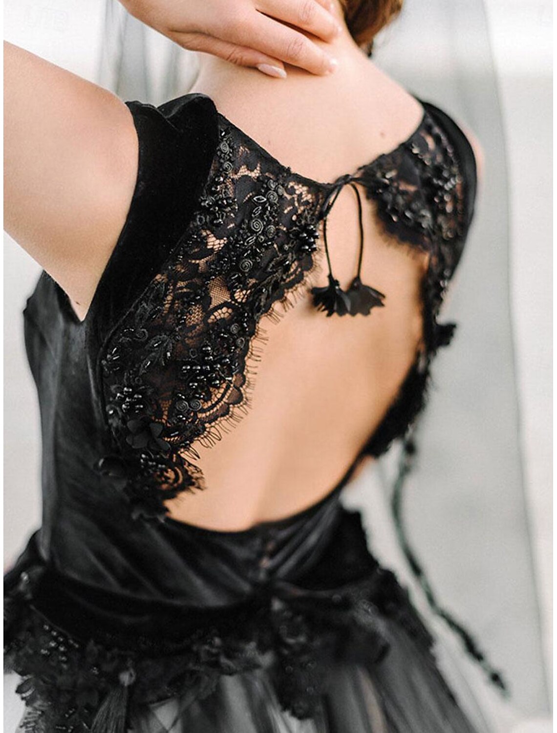 Beach Bohemian style black wedding dress with square neck, thin shoulder strap, sleeveless lace, bride dress with sticker pattern