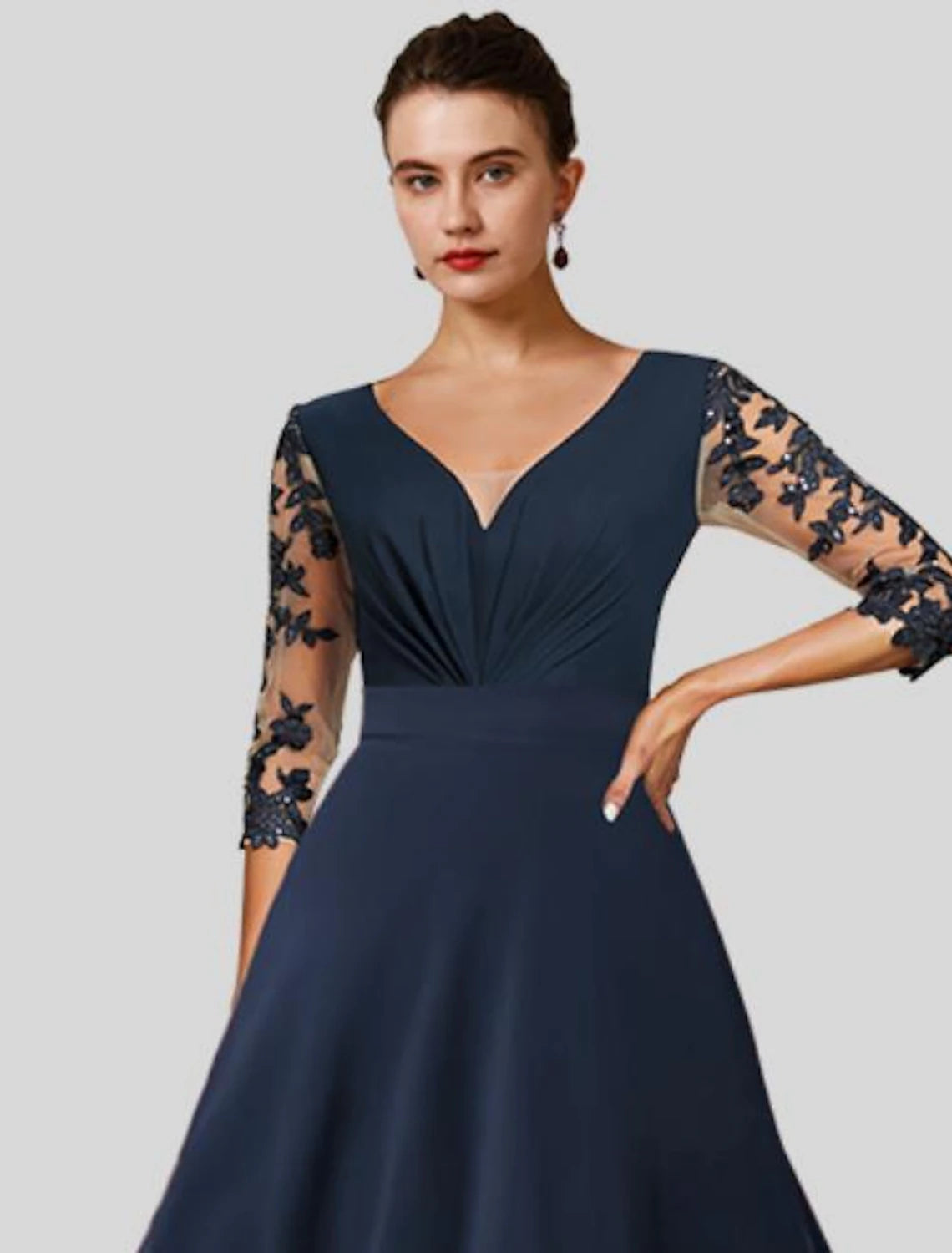 A-line Bride Mom Dress Wedding Guests Noble and Elegant High Low V-Neck Asymmetric Tea Chiffon Lace 3/4 Long Sleeves with Applique