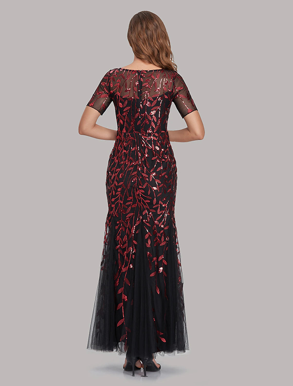 Mermaid Evening Dress Ball and Floor Length Short sleeved Jewelry Collar Autumn Wedding Guests Embroidered Thin Gauze