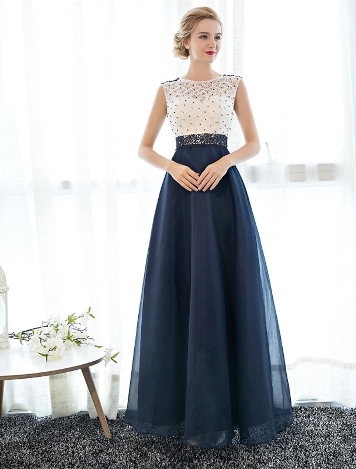 A-line Elegant Wedding Guest Ball Dress with Floor Length Sleeveless Phantom Neckline Lace Beads