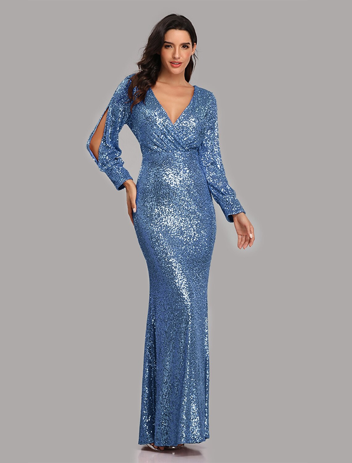 Mermaid Loudspeaker Evening Dress Sparkling Dress Party Dress Wedding Guests Landing Long Sleeve V-Neck Sequins