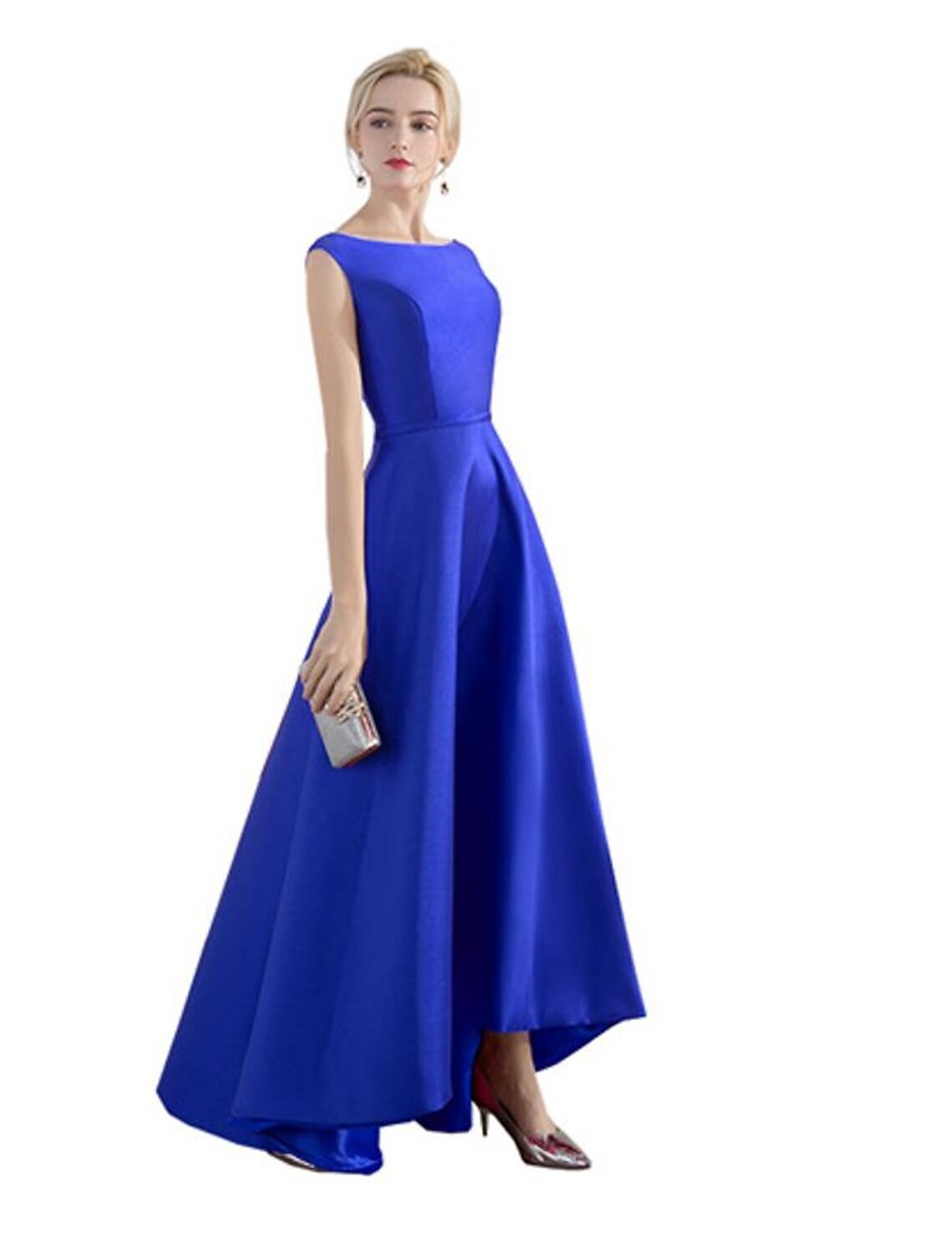 A-line Evening Dress Wedding Guest Party Asymmetric Sleeveless Jewel Neck Satin Fashion