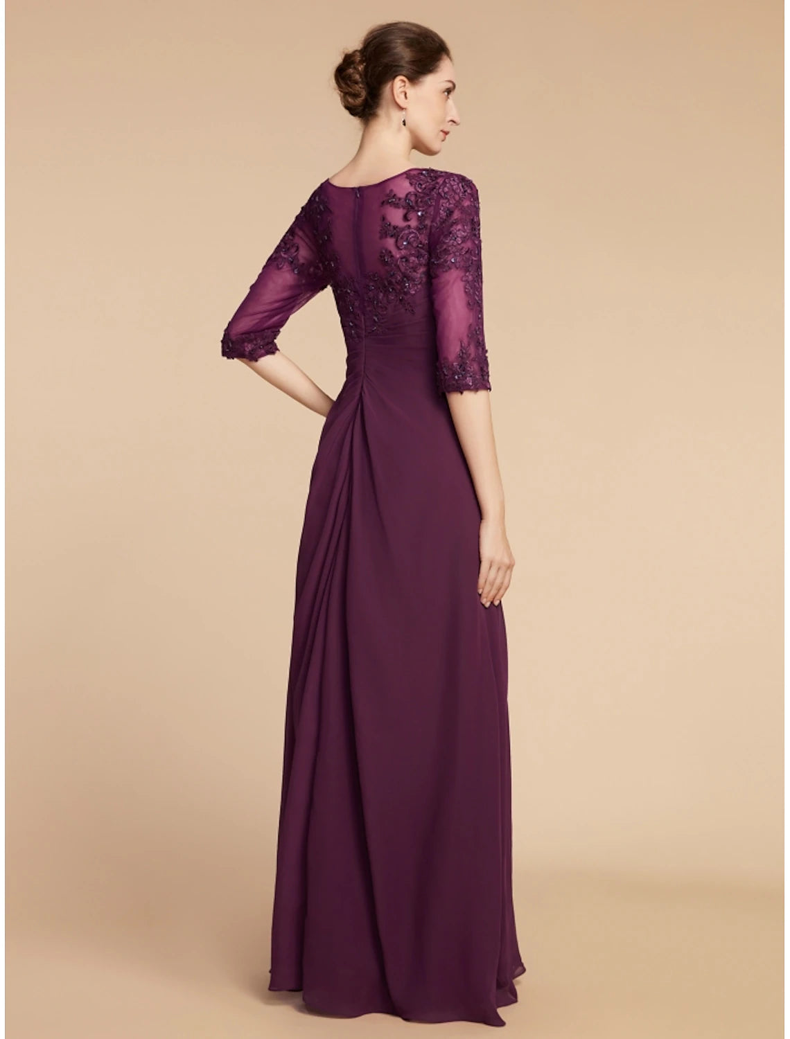 Hollow column style bridal mother dress wedding dress elegant and atmospheric round neck and ground chiffon lace half sleeve with pleated sequins