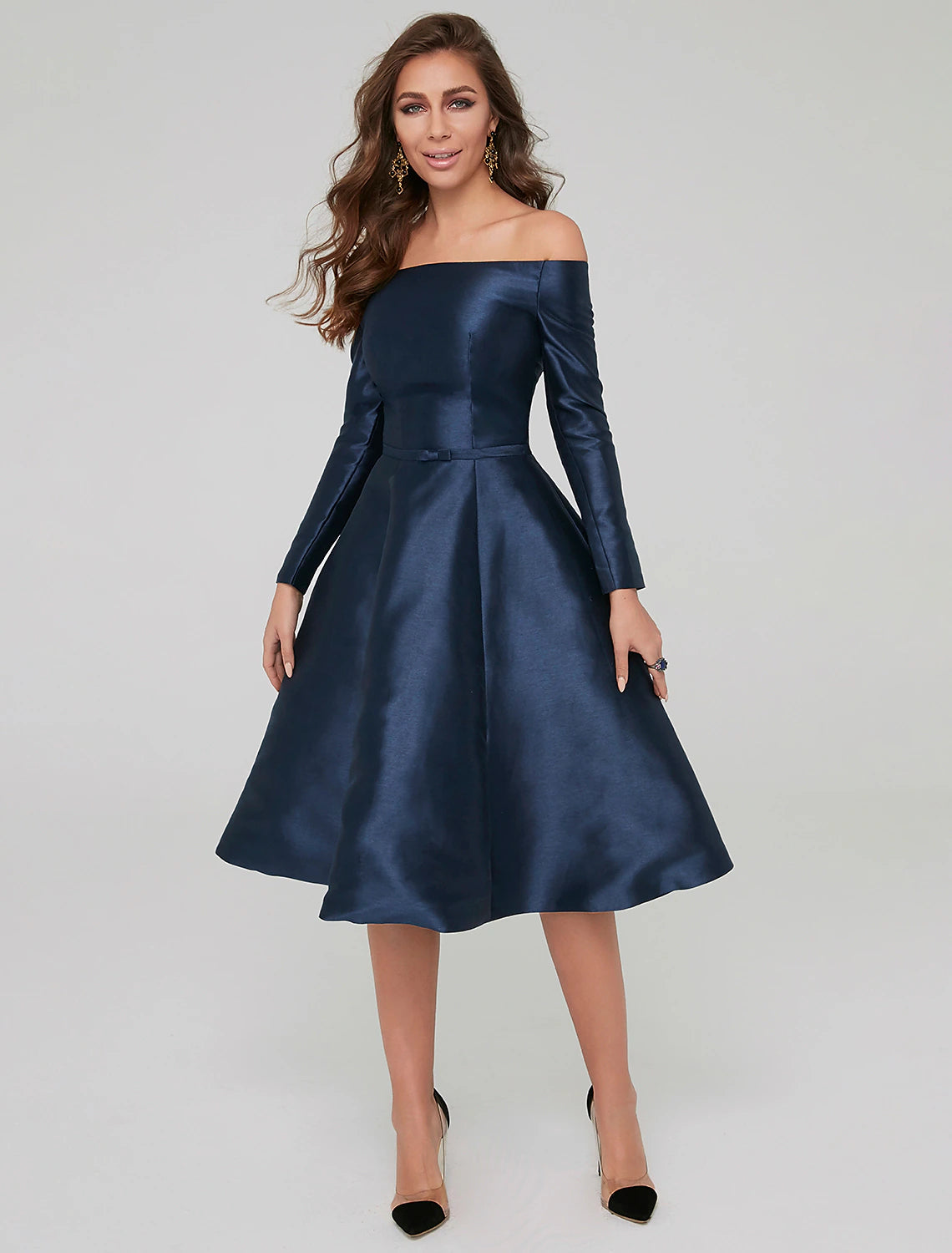 A-line elegant dress wedding guests cocktail party knee length long sleeved off shoulder satin pleats