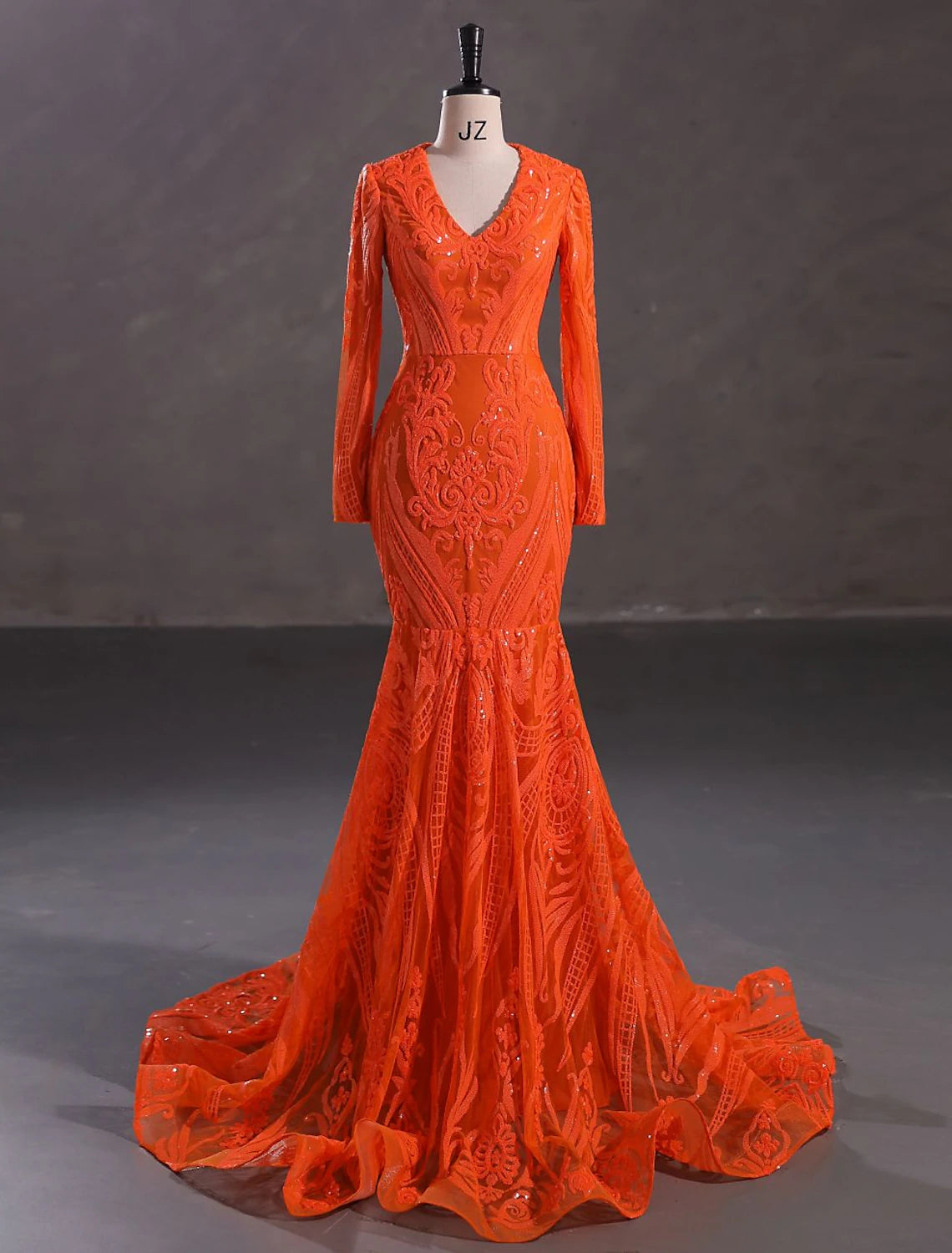 Mermaid Loudspeaker Elegant Evening Dress Carnival Long sleeved V-neck African American Lace with Sequins