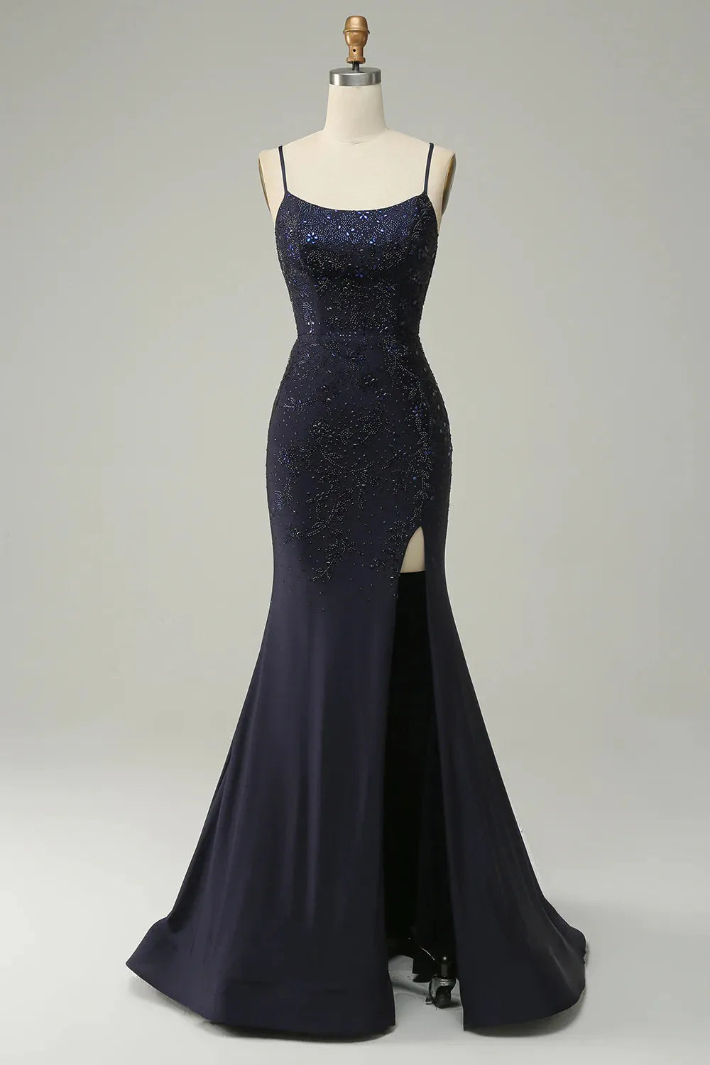 Navy Slim Fit Blue Mermaid Italian Noodle Strap Open Navel Ball Dress