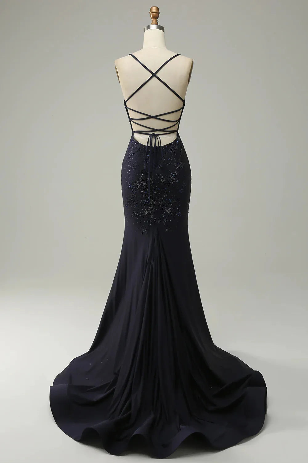 Navy Slim Fit Blue Mermaid Italian Noodle Strap Open Navel Ball Dress