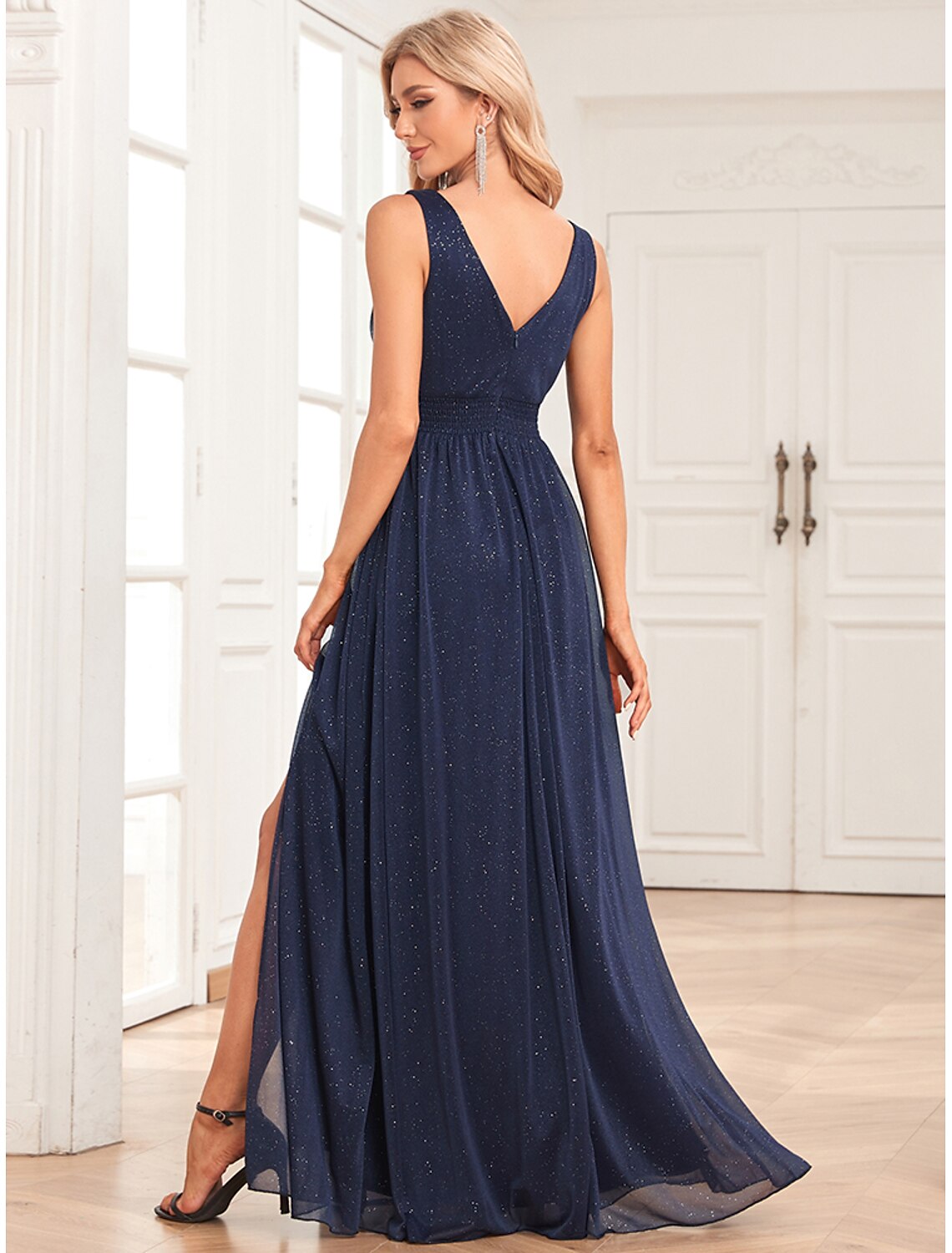 A-line Elegant Evening Dress Wedding Guests Party and Floor Length Sleeveless V-neck Spandex V-shaped Back with Sparkling Slits
