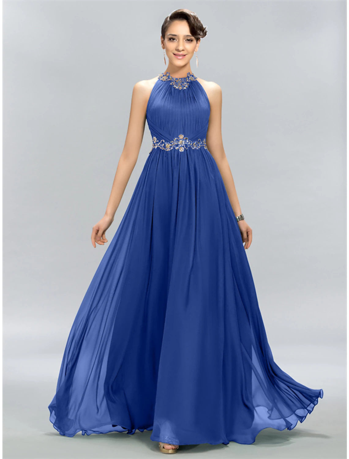 A-shaped wedding guest dress elegant and generous party attire wedding party and floor length sleeveless neck hanging chiffon pleated decorative stickers