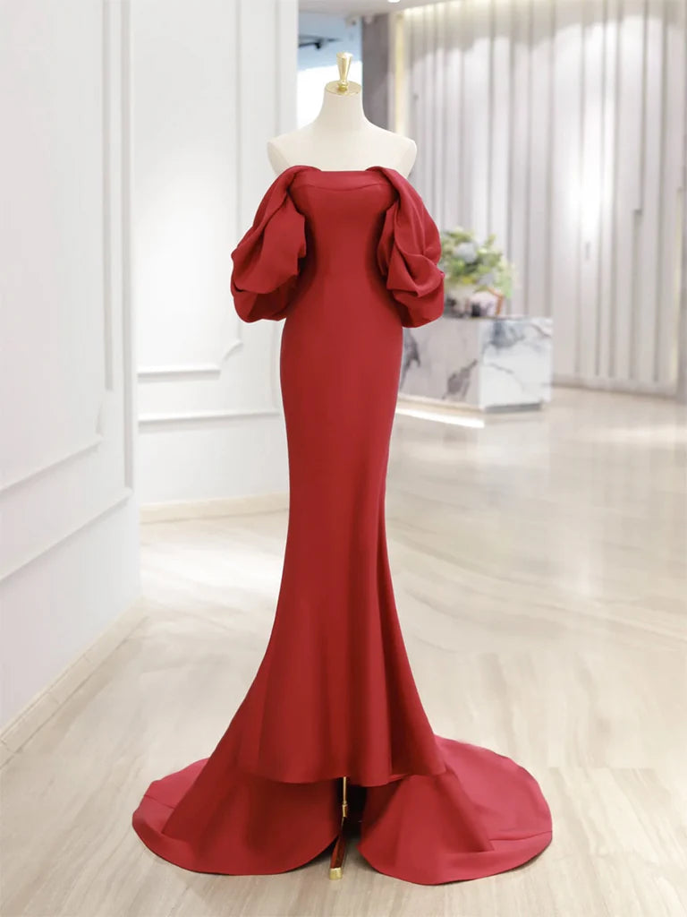 Off Shoulder Satin Dark Red Mermaid Long Prom Dress
