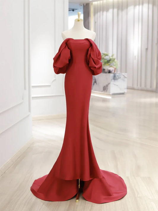 Off Shoulder Satin Dark Red Mermaid Long Prom Dress