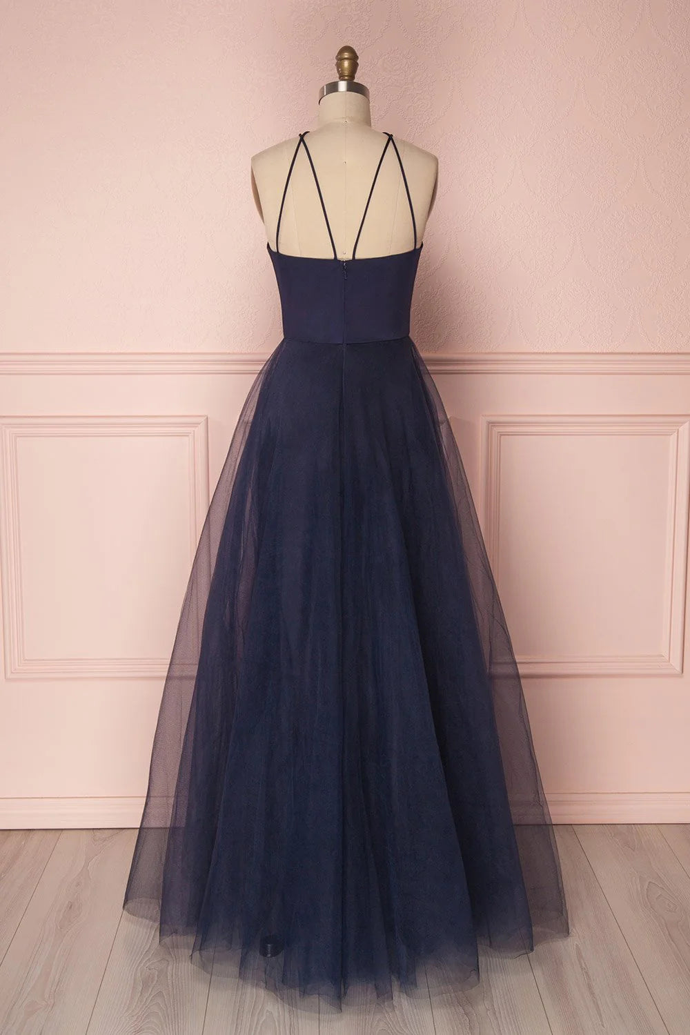 Simple dark blue tulle long prom dress blue tulle prom dress