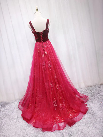 A-Line Burgundy Tulle Lace Long Evening Dress Burgundy Long Evening Dress