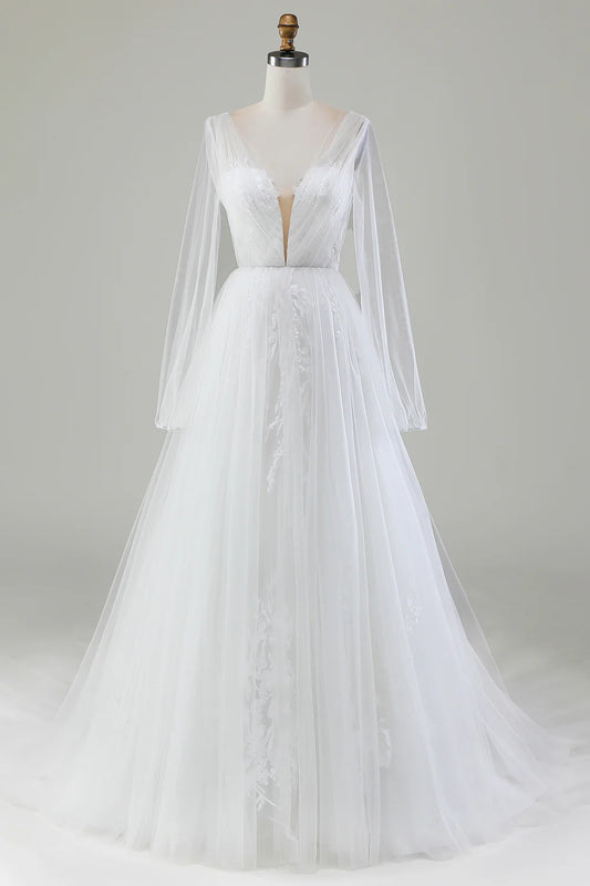 A-Line V-Neck Pleated Tulle Wedding Dress With Long Sleeves