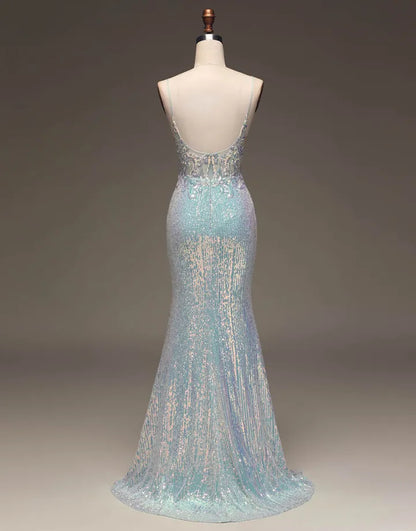 Sparkling Italian Noodle Strap Long Mermaid Ball Dress Split