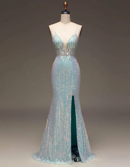 Sparkling Italian Noodle Strap Long Mermaid Ball Dress Split