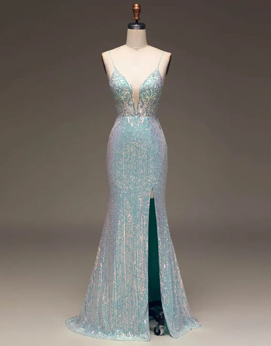 Sparkling Italian Noodle Strap Long Mermaid Ball Dress Split