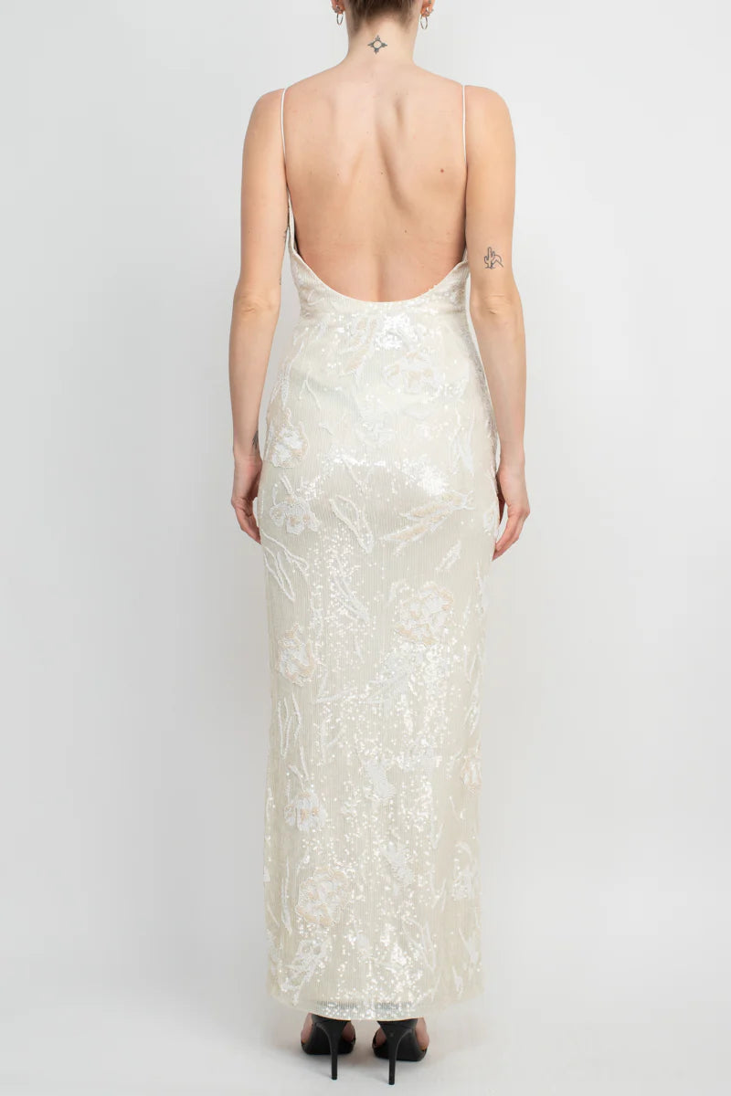 Embellished Spaghetti Strap Open Back Slit Side Prom Dresses