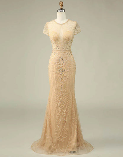 Sparkling and Sexy Mermaid Hat Sleeves Long Beaded Ball Dress