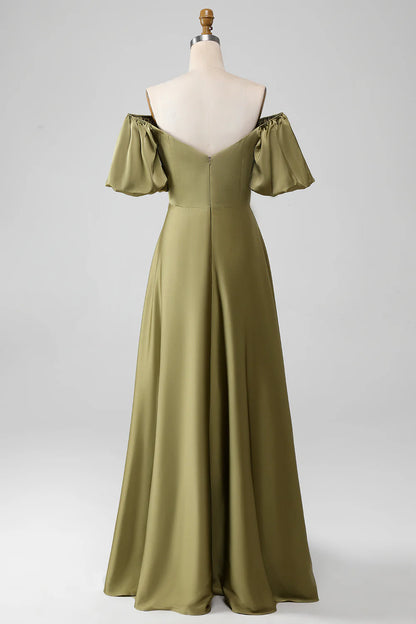 A-Line Off The Shoulder Long Bridesmaid Dress with Short Sleeves