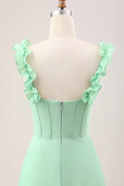 A Line Off The Shoulder Corset Chiffon Long Bridesmaid Dress with Ruffles