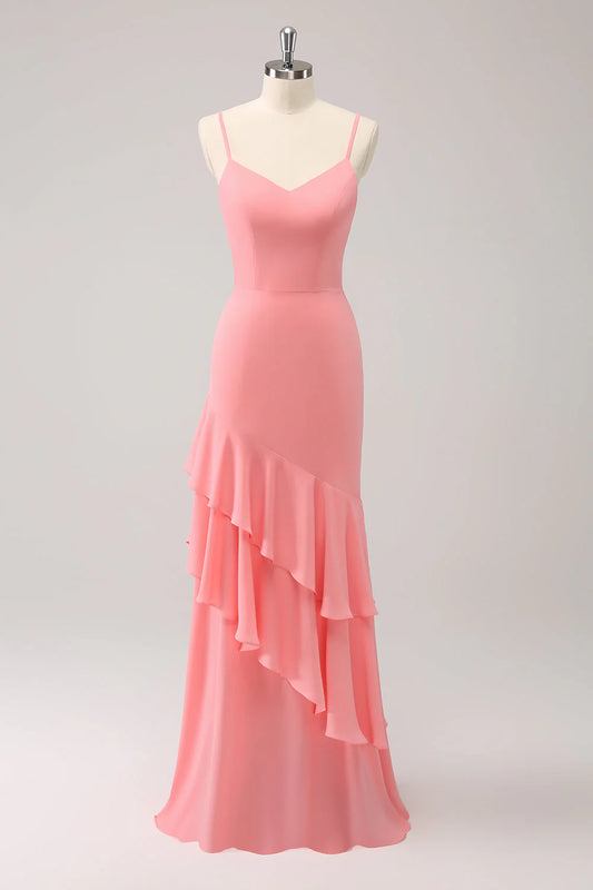 Mermaid Spaghetti Straps Long Bridesmaid Dress with Ruffles