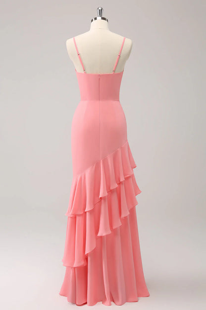 Mermaid Spaghetti Straps Long Bridesmaid Dress with Ruffles
