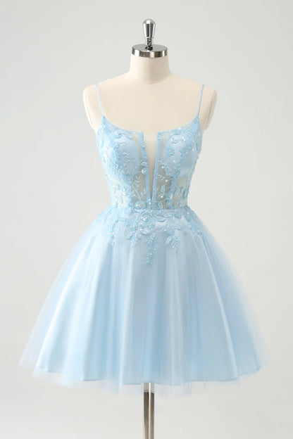 A Line Sequins Corset Short Homecoming Dress with Lace Up Back
