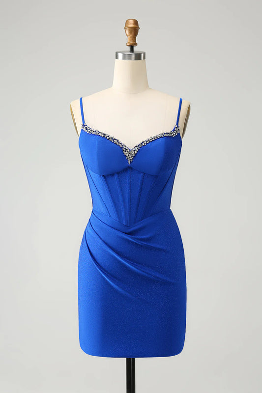 Royal Blue Glitter Corset Spaghetti straps Tight Homecoming Dress