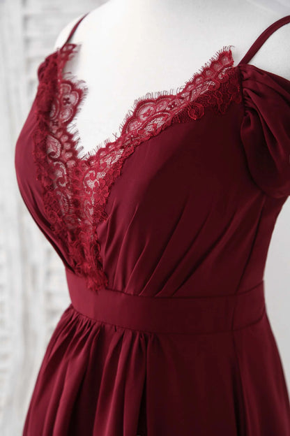 Lace Chiffon Long Prom Dress Burgundy Bridesmaid Dress