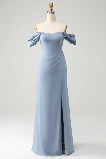 Sheath Off the Shoulder Chiffon Long Bridesmaid Dress with Slit