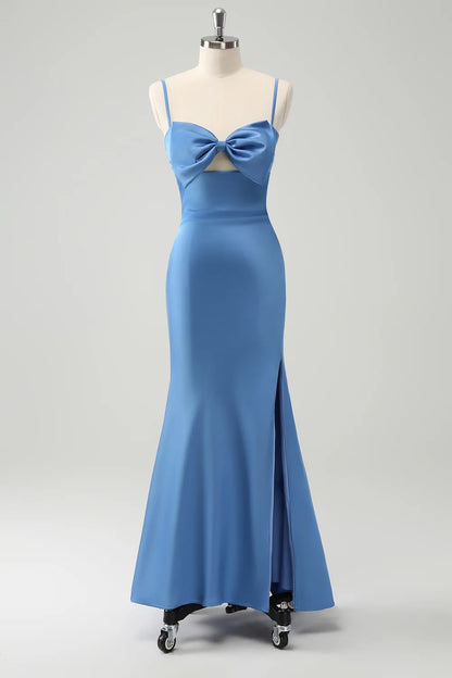Mermaid Spaghetti Straps Satin Bridesmaid Dress with Bow