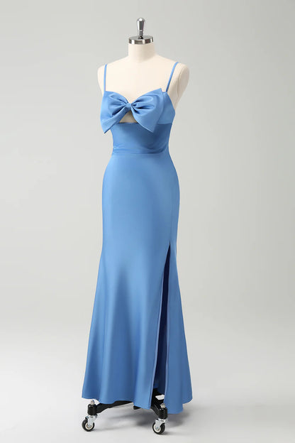 Mermaid Spaghetti Straps Satin Bridesmaid Dress with Bow