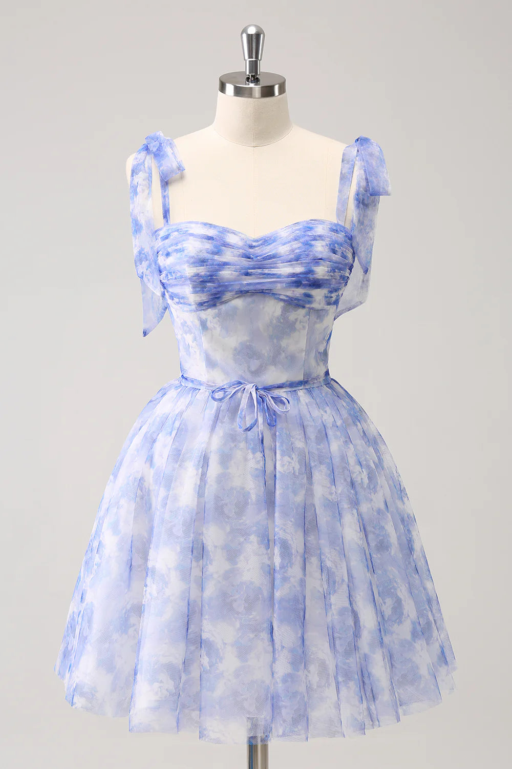 Blue A Line Spaghetti Straps Pleated Short Homecoming Dress