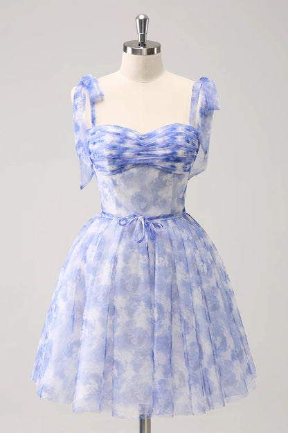 Blue A Line Spaghetti Straps Pleated Short Homecoming Dress