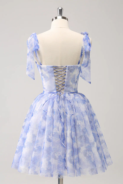 Blue A Line Spaghetti Straps Pleated Short Homecoming Dress