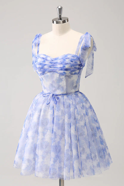 Blue A Line Spaghetti Straps Pleated Short Homecoming Dress