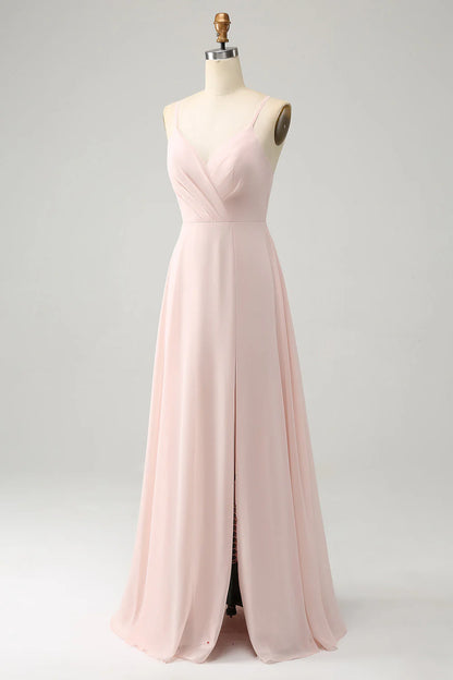 A Line Spaghetti Straps Chiffon Long Bridesmaid Dress with Slit