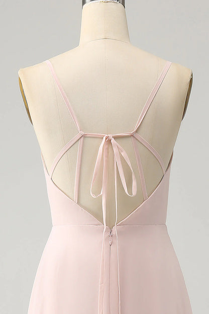 A Line Spaghetti Straps Chiffon Long Bridesmaid Dress with Slit