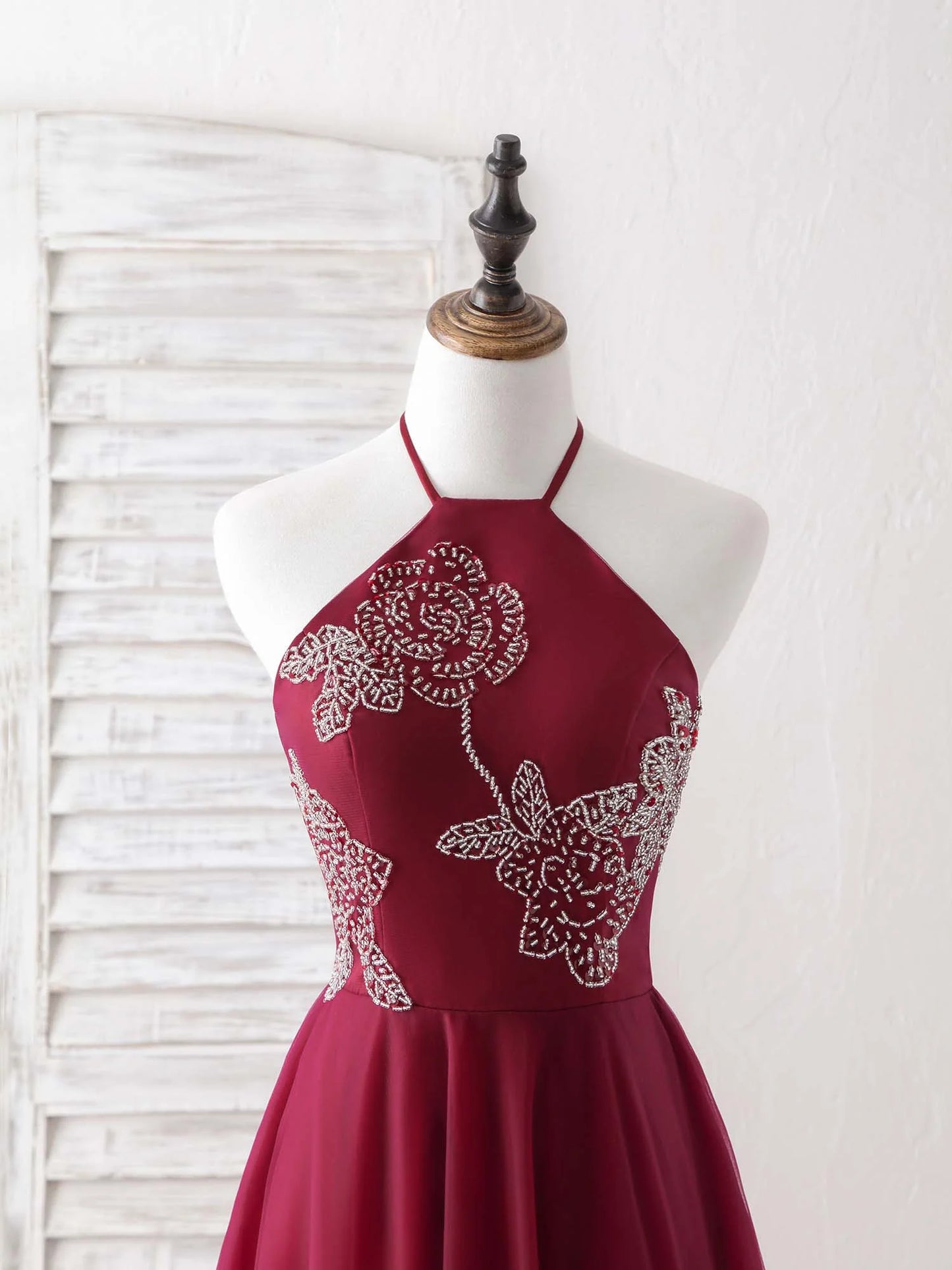 Tulle Beads Long Prom Dress Burgundy Evening Dress