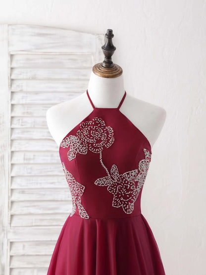 Tulle Beads Long Prom Dress Burgundy Evening Dress