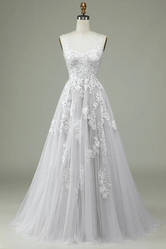 Ivory Tulle Backless Wedding Dress with