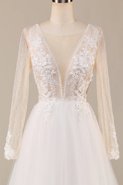 A Line Deep V-Neck Ivory Tulle Sweep Train Wedding Dress