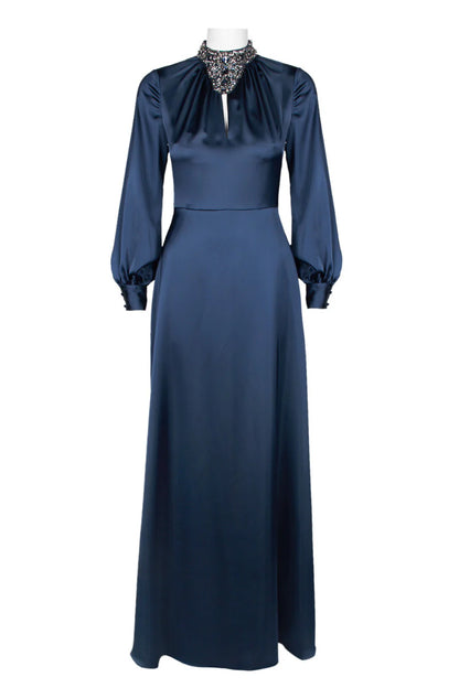 Embellished high Neck Long Sleeve Keyhole Front Zipper Back Satin Mother of the Bride Dresses
