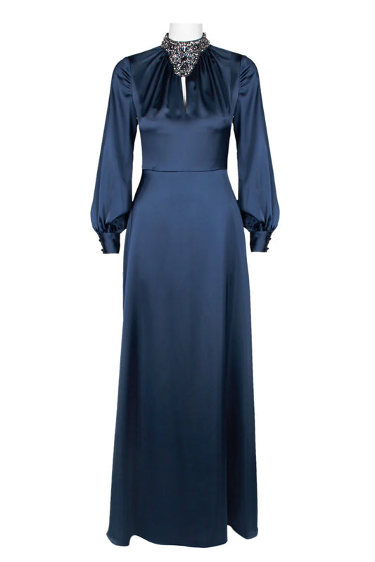 Embellished high Neck Long Sleeve Keyhole Front Zipper Back Satin Mother of the Bride Dresses