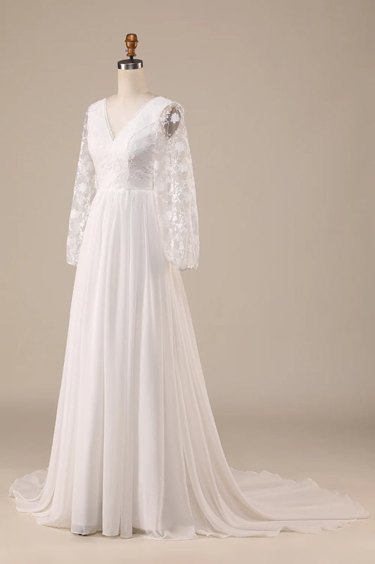Ivory Chiffon Sweep Train Boho Wedding Dress