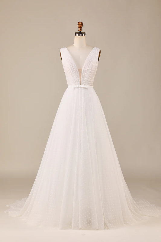 A Line V Neck Ivory Detachable Watteau Train Tulle Wedding Dress