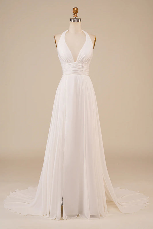 A-Line Halter Ivory Sweep Train Wedding Dress