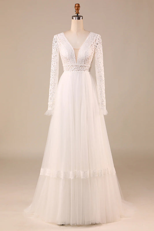 Ivory Long Sleeves Tulle A-Line Wedding Dress