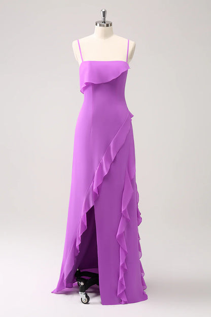 Sheath Spaghetti Straps Ruffle Long Bridesmaid Dress with Slit